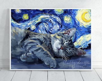 Cat Poster - Starry Night Tabby Cat Wall Art, Animal Decor for Animal Lovers, Unique Home Decoration, Gift Idea