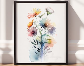 Watercolor Flowers v12, Digital Download, Floral Wall Art, Instant Print, Pastel Decor, Digital Prints