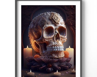 Skull Poster - Sugar Skull Art, Matte Vertical Fantasy Wall Decor, Colorful Print for Unique Home Decoration