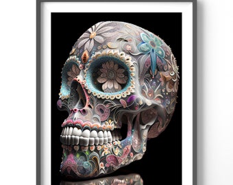 Skull Poster - Sugar Skull Art Print, Matte Vertical Fantasy Wall Decor, Colorful Artwork for Home & Office