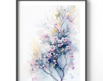 Watercolor Cherry Blossoms Poster, Matte Vertical Posters,  Floral Wall Art, Flower Print