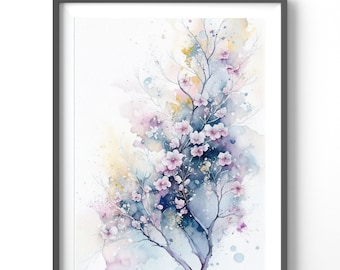 Cherry Blossom Watercolor Poster, Floral Wall Art Print, Matte Vertical Flower Decor for Home, Spring Decor, Gift Idea