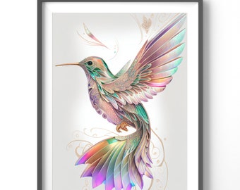 Holographic Hummingbird Poster, Matte Vertical Posters, Bird Wall Art, Black and Colorful Animal Print