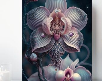 Ornate Orchids Canvas Print, Wrapped Canvas, Bejeweled Flower Wall Art, Ready to Hang