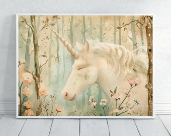 Vintage Watercolor Unicorn Poster | Fantasy Art Print | Unicorn Gift | Vintage Wall Art | Horizontal
