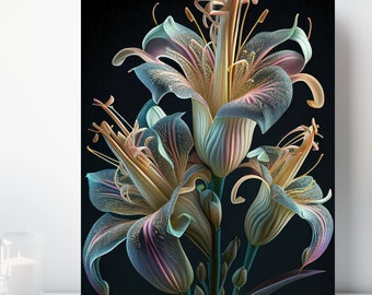 Ornate Lilies Canvas Print, Wrapped Canvas, Bejeweled Flower Wall Art, Ready to Hang