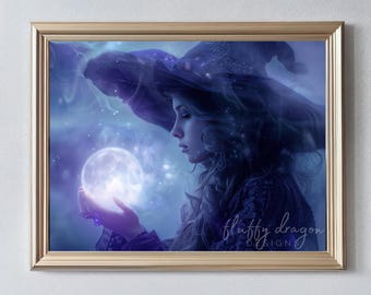 Magical Ethereal Witch Digital Art Download | Blue & Purple Fantasy Wall Art Decor, Printable Illustration