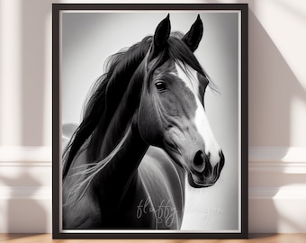 Black and White Horse Print - Elegant Stallion Wall Art - Equestrian Digital Download - Rustic Western Decor
