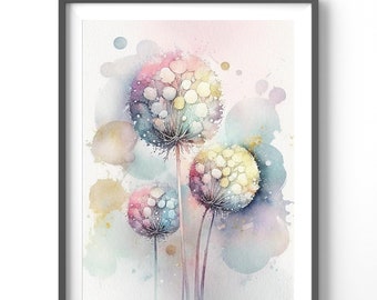 Watercolor Dandelions Poster, Matte Vertical Posters,  Floral Wall Art, Flower Print