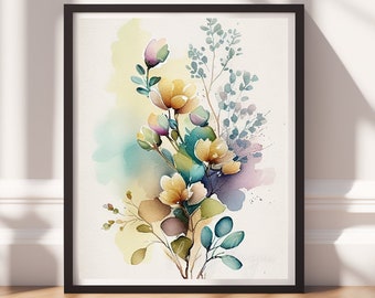 Floral Artwork: Botanical Wall Art Print, Digital Download Flower Market Decor, Watercolor Home Aesthetic, Instant Wall Decor