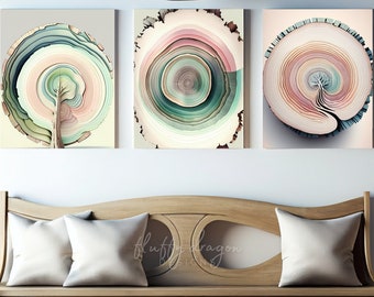 Tree Ring Wall Art, Log Wood Slice, Tree Stump Forest Wall Decor, Nature Wall Art, Botanical, Watercolor Art Aqua Pink Digital Art Print Set