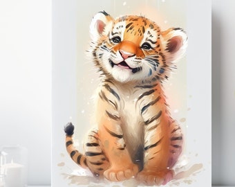 Baby Tiger Cub Canvas Wall Art, Wrapped Canvas, Nursery Safari Animal Art, Ready to Hang