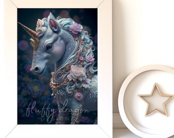 Whimsical Artwork - Unicorn Art Print Digital Download, Cute Animal Decor for Nursery & Kids Room, Adorable Wall Art