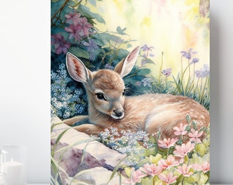 Baby Fawn Canvas Print, Wrapped Canvas, Cute Animal Nursery Wall Art, Ready to Hang