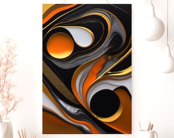 Orange Abstract Poster, Matte Vertical Posters, Orange Gold Black White Abstract Art Print