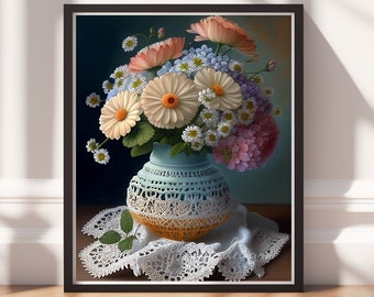 Floral Wall Art Print - Colorful Vintage Decor, Retro Digital Download, Trendy Printable Poster for Home & Office
