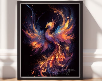 Neon Phoenix Digital Art Print, Downloadable Print, Colorful Fantasy Wall Art