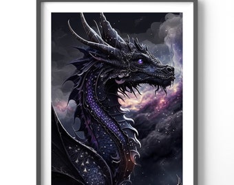 Black Dragon Poster, Matte Vertical Posters, Fantasy Wall Art, Dragon Lover Print