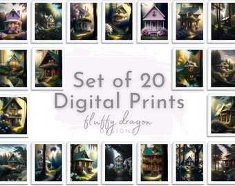Country Cottage Wall Art - Set of 20 Digital Art Prints, Lakeside Cabin & Fairy Floral Decor, Vintage French Rustic Home Gallery