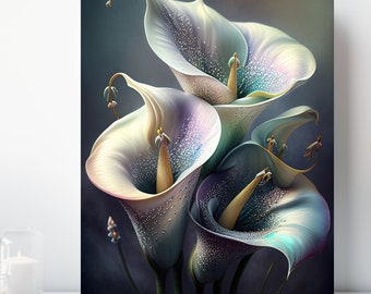 Ornate Calla Lilies Canvas Print, Wrapped Canvas, Bejeweled Flower Wall Art, Ready to Hang