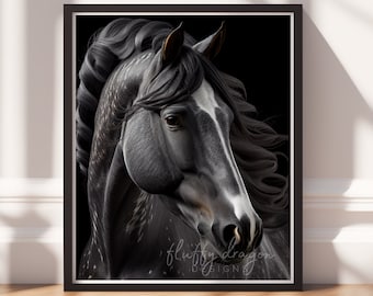 Majestic Black Horse Art - Digital Download, Elegant Equine Wall Decor, Dark Horse Portrait, Equestrian Gift, Moody Animal Artwork