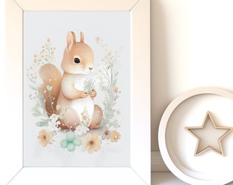 Baby Squirrel Nursery Animal Art, Digital Download Printable, Cute Baby Animal Decor, Instant Print for Nursery