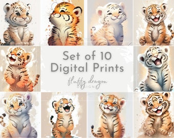 Set of 10 Nursery Animal Art Prints - Cute Tiger Cub Safari Wall Art - Digital Download Baby Animal Decor