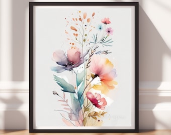 Watercolor Flowers v8, Digital Download, Floral Wall Art, Instant Print, Pastel Decor, Digital Prints