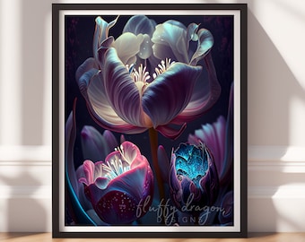Dark Art, Flower Wall Print v13, Printable Art, Floral Prints, Digital Download, Dark Academia Decor, Black Painting