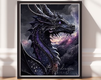 Black Dragon Print v9, Digital Painting Art, Printable Wall Art, Instant Download, Fantasy Decor, Gamer Gifts, Game Room