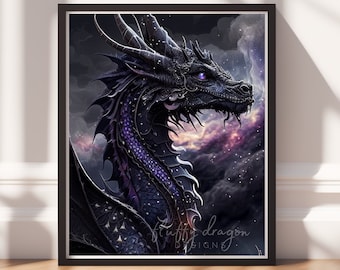 Black Dragon Print, Digital Painting Art, Printable Wall Art, Instant Download, Fantasy Decor, Gamer Gifts, Game Room