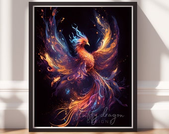 Neon Phoenix Digital Art Print, Downloadable Print, Colorful Fantasy Wall Art