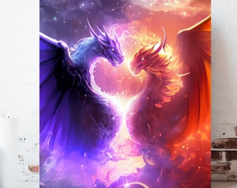 Dragon and Phoenix Canvas Print, Wrapped Canvas, Fantasy Wall Art, Ready to Hang