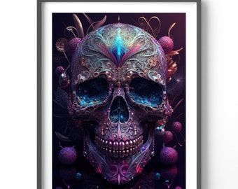 Skull Poster - Sugar Skull Art, Matte Vertical Wall Decor, Fantasy Print for Unique Home Decoration