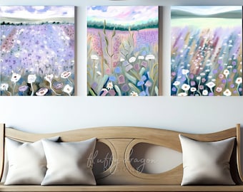 Flower Wall Art, Pastel Floral Artwork, Botanical Art, Matisse Flower Print, Field of Flowers, Living Room Art, Set of 3 Digital Art Prints