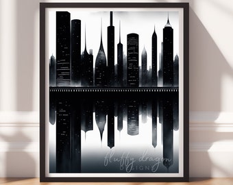City Artwork: Black and White Cityscape Wall Art Print, Digital Download for Home Decor, Modern Art Decor