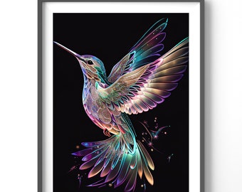 Holographic Hummingbird Poster, Matte Vertical Posters, Bird Wall Art, Black and Colorful Animal Print