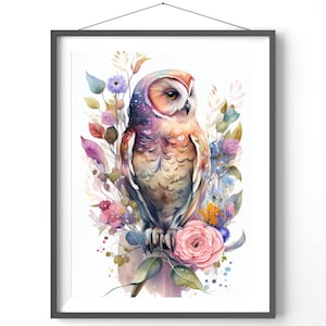 Floral Owl Art Print: Matte Vertical Wall Decor