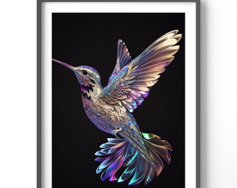 Holographic Hummingbird Poster, Matte Vertical Posters, Bird Wall Art, Black and Colorful Animal Print