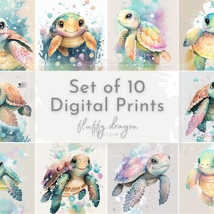 Turtle Wall Decor, Sea Turtle Wall Art, Cute Baby Turtles, Ocean Decor, Sea Animal Art, Tortoise, Beach Decor, Set of 10 Digital Art Prints