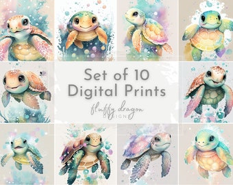 Turtle Wall Decor, Sea Turtle Wall Art, Cute Baby Turtles, Ocean Decor, Sea Animal Art, Tortoise, Beach Decor, Set of 10 Digital Art Prints