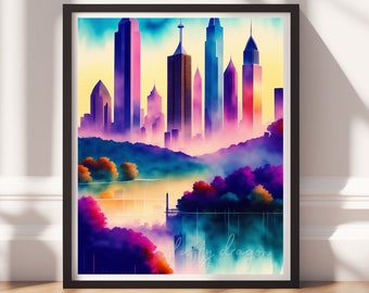 City Painting v10, Digital Download, Downloadable Prints, City Art Print, Colorful Painting, Living Room Wall Art