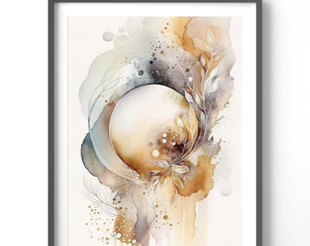 Earth Tone Abstract Poster, Matte Vertical Posters, Watercolor Wall Art, Green and Gold Print