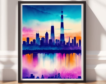 Watercolor Skyline Digital Download, Vibrant Cityscape Wall Art, Modern AI Artwork for Home Decor