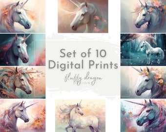 Set of 10 Unicorn Gallery Set, Unicorn Wall Art, Digital Download, Unique Decor, Colorful Art Print, Nature Lovers Gift, Fantasy Painting