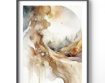 Earth Tone Abstract Poster, Matte Vertical Posters, Watercolor Wall Art, Green and Gold Print