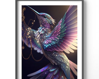 Neon Hummingbird Poster, Matte Vertical Posters, Bird Wall Art, Black and Colorful Animal Print