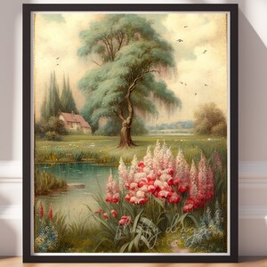 Vintage Flower Field Art Print: Cottage Landscape (Digital Download)