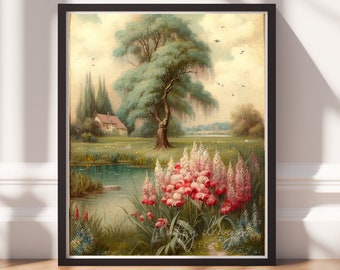 Vintage Oil Painting v2, Instant Download Art, Floral Wall Art, Landscape Print, Vintage Home Decor, Printable Flowers