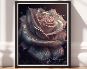 Dark Art, Flower Wall Print v5, Printable Art, Floral Prints, Digital Download, Dark Academia Decor, Black Painting